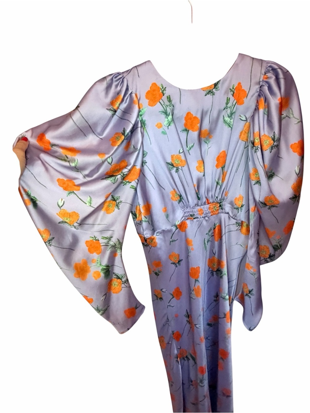 Lilac Satin Floral Maxi Dress with Orange Blooms